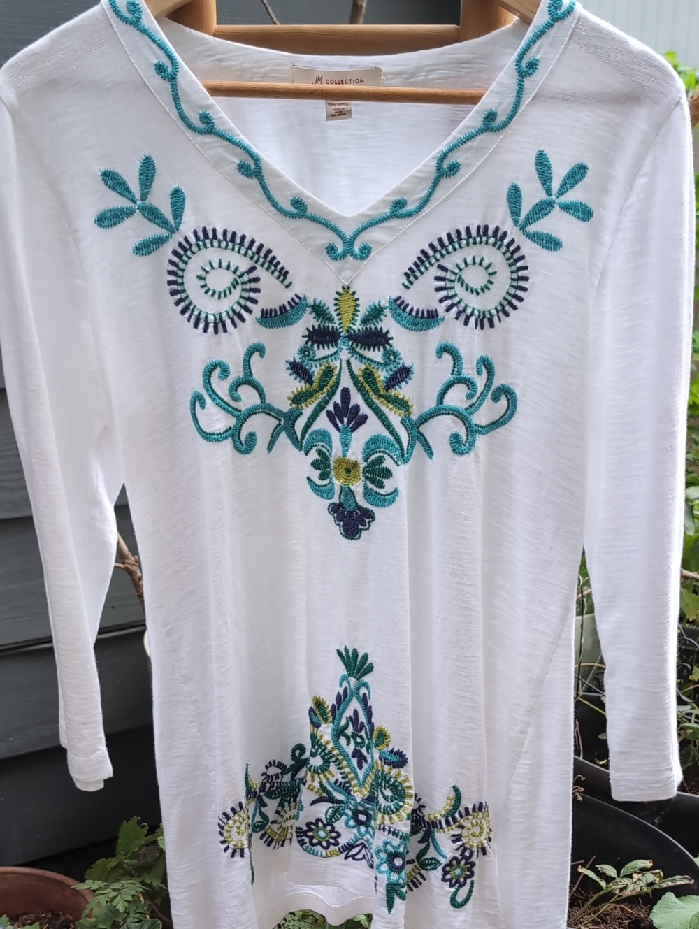 Vintage 100% Cotton JM Collection White Tunic with Teal, Navy & Lime Embroidery
